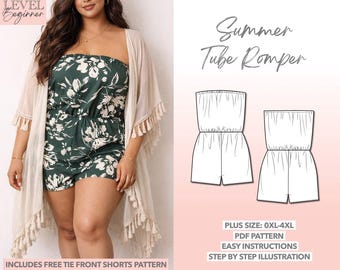 Patrón de costura para mono de tubo de talla grande, mono de talla curvilínea, patrón PDF fácil, patrón de costura para principiantes de talla grande, mono de verano, mono sin tirantes