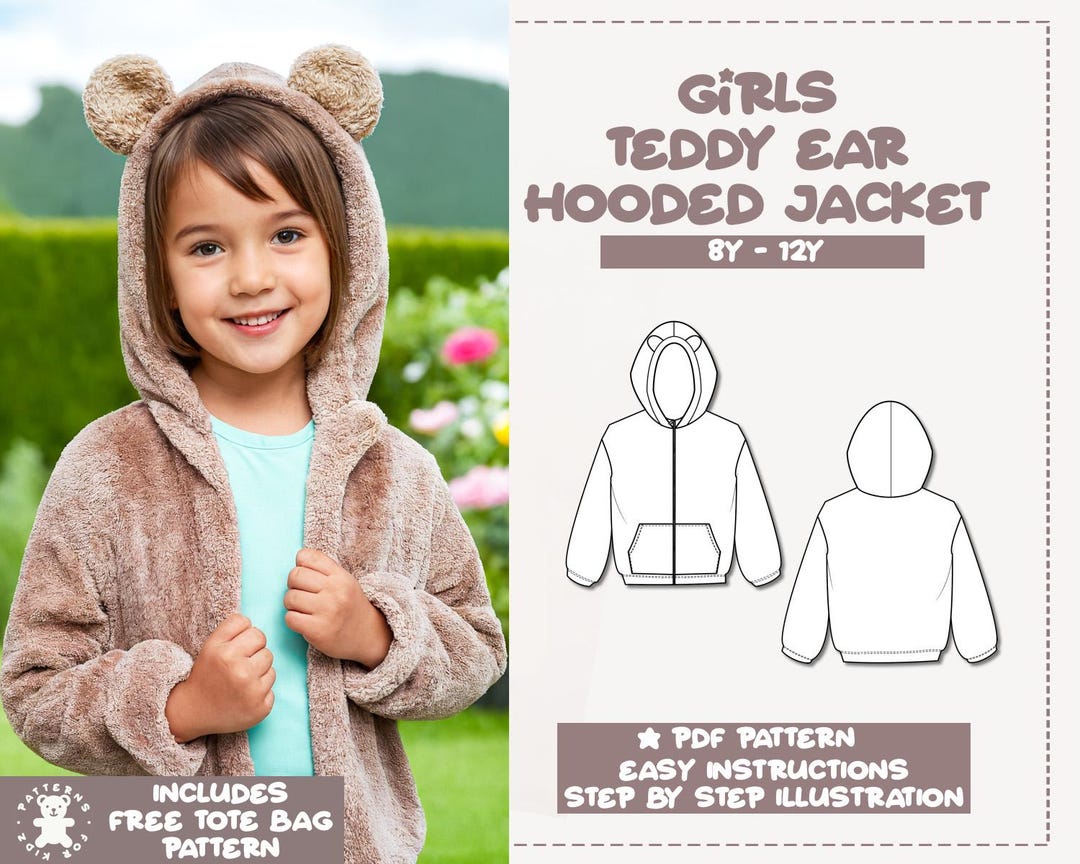 Girls Teddy Ear Hooded Jacket Sewing Pattern 8Y-12Y Kids Hoodie Pattern ...
