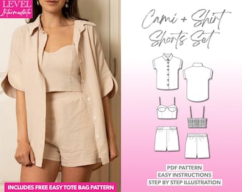 Crop Cami, Oversized Shirt & Shorts Sewing Pattern Set (PDF Download XS-XXXL) + Bonus Tote Bag