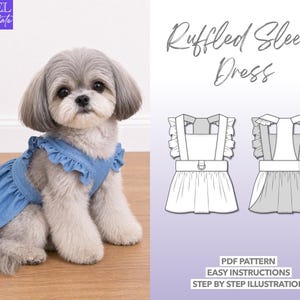 May include: A small dog wearing a blue denim ruffled sleeve dress. The image also shows a line drawing of the dress and text that reads "Ruffled Sleeve Dress", "PDF Pattern", "Easy Instructions", and "Step by Step Illustration".