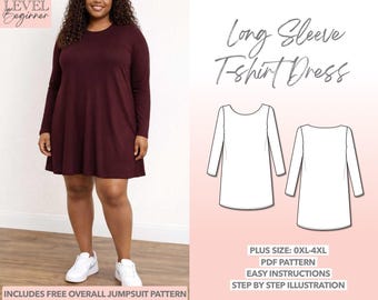 Patrón de costura en PDF para vestido tipo camiseta de manga larga de tallas grandes – Descarga en PDF (0XL–4XL)