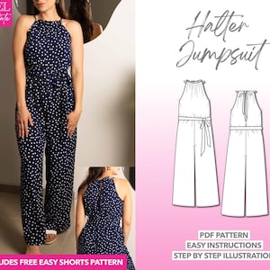 Jumpsuit Sewing Pattern Halter Jumpsuit PDF Pattern Women Sewing Pattern Playsuit Pattern Overall Jumpsuit Sewing Pattern Trendy Jumpsuit