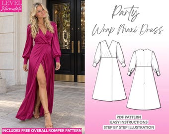 Maxi Dress Sewing Pattern Lantern Sleeve Dress Wrap Dress Pattern Sewing Women Pattern Party Dress Women PDF Pattern Elegant Dress Evening