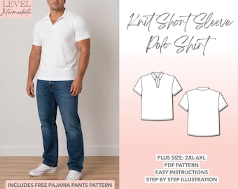 Patrón de costura para polo de manga corta de punto para hombre, tallas grandes – Descarga en PDF (2XL–6XL)