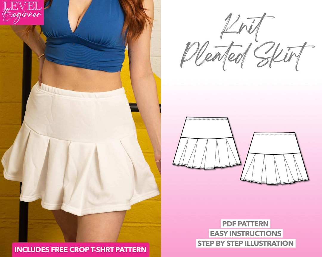 Skirt Sewing Pattern Drop Waist Pleated Mini Skirt PDF Pattern Knit