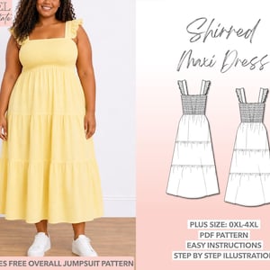 May include: A yellow maxi dress with a shirred bodice, square neckline, and ruffled shoulder straps. The image includes text reading Level Intermediate, Shirred Maxi Dress, Plus Size: 0XL-4XL, PDF Pattern, Easy Instructions, Step By Step Illustration, and Includes Free Overall Jumpsuit Pattern.