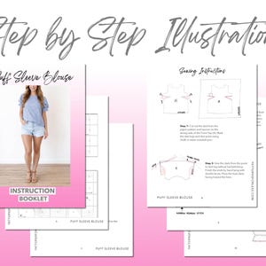 Puff Sleeve Blouse sewing pattern instruction booklet showing step by step illustrations to make the garment.