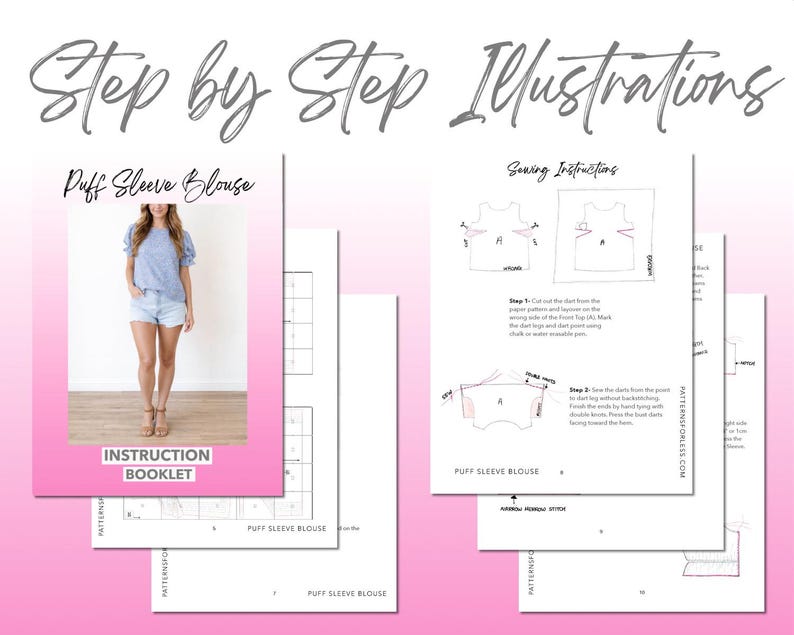 Puff Sleeve Blouse sewing pattern instruction booklet showing step by step illustrations to make the garment.