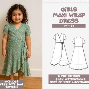 Puede incluir: Una niña con un vestido largo cruzado de flores verdes. El vestido tiene mangas cortas y un dobladillo con volantes. La imagen también incluye un patrón para un vestido largo cruzado para niñas, con el texto "Girls Maxi Wrap Dress 1Y-8Y".