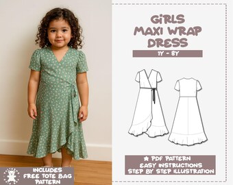 Girl Wrap Dress Pattern, Maxi Dress Pattern, Long Dress Pattern, Ruffle Wrap Dress, Party Dress, Ruffle Dress, Puff Sleeve Dress PDF Pattern