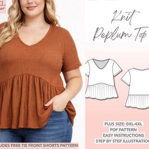 Patrón de costura para top peplum de talla grande, top de punto para mujer de talla curvilínea, patrón para principiantes, patrón de camiseta, ropa de tallas grandes, camisa holgada, blusa oversize