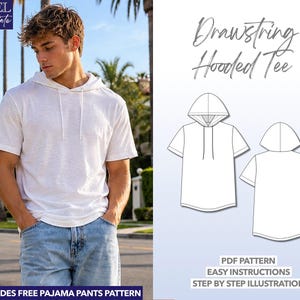 T-Shirt Sewing Pattern Drawstring Hooded Tee Pattern Mens Sewing Pattern Hoodie PDF Pattern Mens Top Sewing Pattern TShirt Sewing Pattern