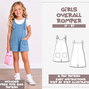 May include: A blue overall romper with two front pockets and tie-shoulder straps, worn over a white t-shirt. The image includes a technical line drawing of the romper, text reading GIRLS OVERALL ROMPER 1Y-8Y, and PDF PATTERN EASY INSTRUCTIONS.