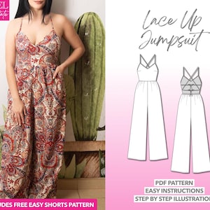 Jumpsuit Sewing Pattern Lace Up Backless Jumpsuit Wide Leg Jumpsuit PDF Pattern Playsuit Sewing Pattern Overall Pattern Women Sewing Pattern