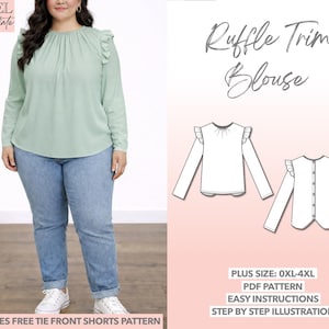 Plus Size Ruffle Blouse Sewing Pattern (0XL-4XL) - PDF Download
