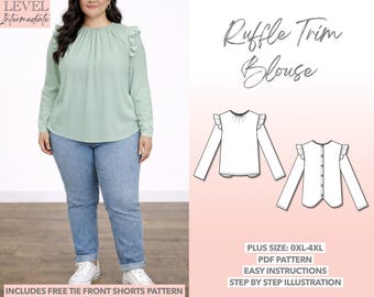 Plus Size Ruffle Blouse Sewing Pattern (0XL-4XL) - PDF Download