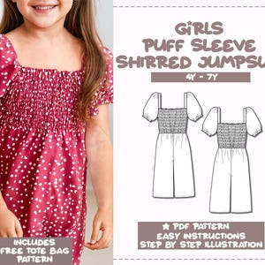 Girl Jumpsuit Sewing Pattern 4Y-7Y Puff Sleeve Jumpsuit Sewing Pattern Shirred Playsuit Pattern Kid Jumpsuit Sewing Pattern Kids PDF Pattern