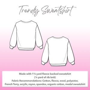 Illustration and detailed description for Classic Sweatshirt sewing pattern. Made with 1½ yard fleece backed sweatshirt and ¼ yard of rib knit. Other Fabric Recommendations: Cotton, fleece, wool, polyester, French Terry, acrylic, rayon, spandex, organic cotton, modal sweatshirt.