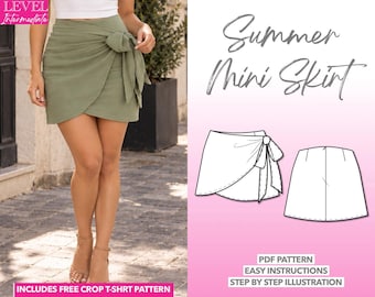 May include: An olive green wrap mini skirt with a side tie detail. The image includes text reading Level Intermediate, Summer Mini Skirt, PDF Pattern, Easy Instructions, Step By Step Illustration, and Includes Free Crop T-Shirt Pattern.