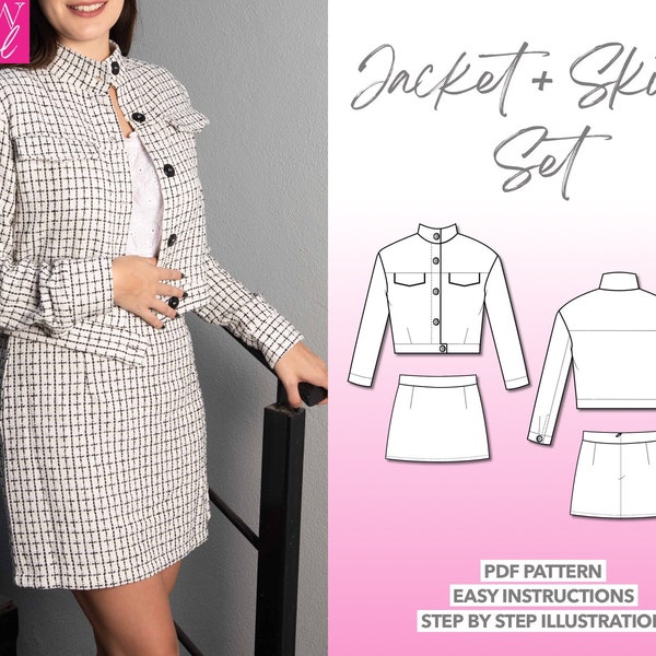 Jacket and Skirt Set Sewing Pattern Women PDF Pattern Tweed Jacket Sewing Pattern Mini Skirt Pattern Outfit Sewing Pattern Crop Jacket