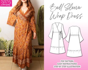 Dress Sewing Pattern Wrap Dress PDF Pattern Women Dress Sewing Pattern Bell Sleeve Dress Pattern