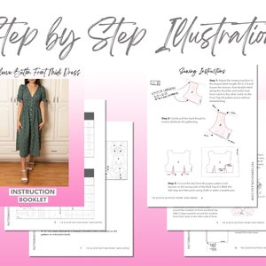 Tie Sleeve Button Front Midi Dress sewing pattern step by step illustrations.