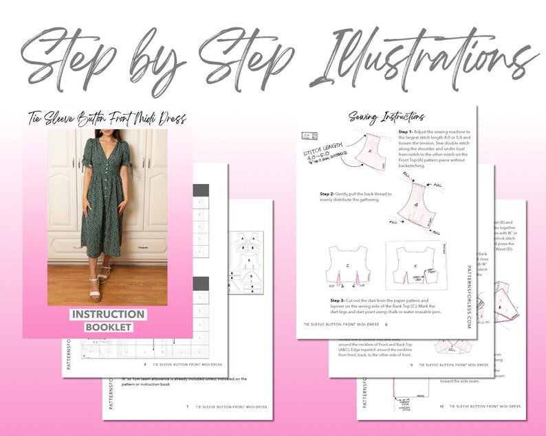 Tie Sleeve Button Front Midi Dress sewing pattern step by step illustrations.