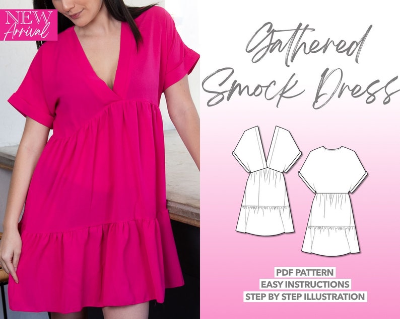 Womens Short Sleeve Gathered Smock Dress Sewing Pattern XS-5XL