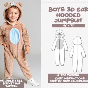 Jungen 3D Bär Ohr Kapuzen Jumpsuit Schnittmuster (4Y-7Y) (PDF Pattern)
