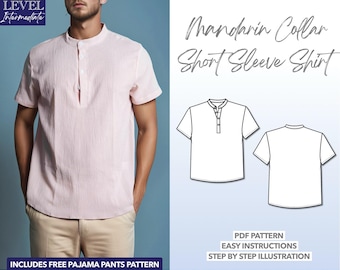 Men&#39;s Mandarin Collar Short Sleeve Shirt Sewing Pattern (PDF Pattern)