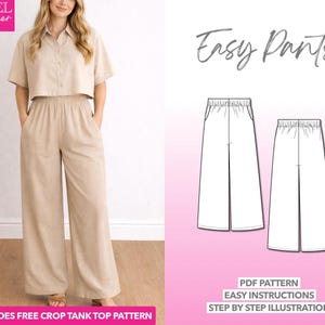 Wide Leg Pocket Pants Sewing Pattern: Easy PDF (XS-XXXL) + Bonus Crop Top