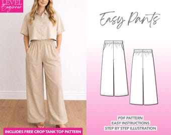 Wide Leg Pocket Pants Sewing Pattern: Easy PDF (XS-XXXL) + Bonus Crop Top
