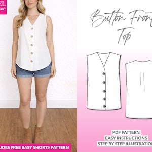 Ärmelloses Top mit Knopfleiste Schnittmuster: Damen-Leinenbluse (PDF-Muster, XS-XXXL)