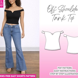 Patrón de costura para camiseta sin mangas con hombros descubiertos: estilo lechera (patrón PDF para tallas XS-XXXL)