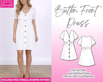 Button Front Mini Dress Sewing Pattern: Short Sleeve (PDF Pattern XS-XXXL)