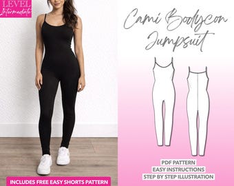 Cami Bodycon Jumpsuit Sewing Pattern: Women's Unitard, Yoga Leggings (PDF Download XS-XXXL)