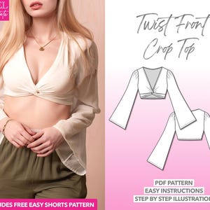 Top Sewing Pattern Twist Front Bell Sleeve Crop Top PDF Pattern Crop Top Sewing Pattern Knit Top Pattern Boho Top Sewing Pattern Front Twist