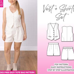 Patrón de costura para chaleco y pantalón corto: Conjunto de lino para mujer (patrón PDF, tallas XS-XXXL)