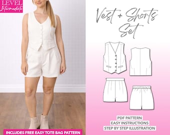Set di modelli per cucire gilet e pantaloncini: completo in lino da donna (modello PDF, XS-XXXL)