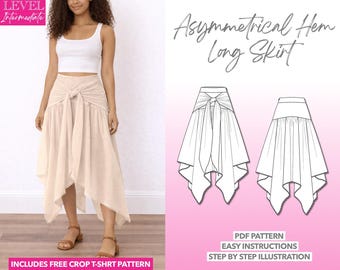 Boho Tie Front Skirt Sewing Pattern: Asymmetrical Hem (PDF Pattern XS-XXXL)