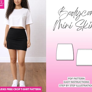 Patrón de costura de minifalda ajustada: PDF fácil (XS-XXXL) + camiseta de regalo