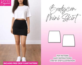 ボディコンミニスカートの縫製パターン：簡単なPDF（XS-XXXL）+ボーナスTシャツ