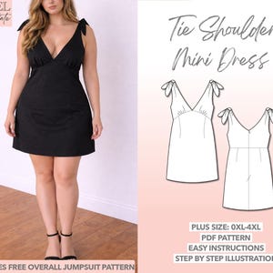 Plus Size Tie Shoulder Mini Dress Sewing Pattern (0XL-4XL) (PDF Pattern)
