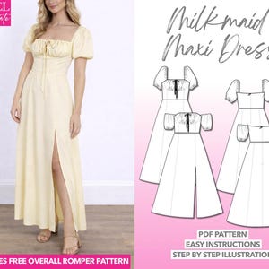 Patrón de costura para vestido largo de lechera: XS-XXXL (descarga en PDF) Patrón de mono extra