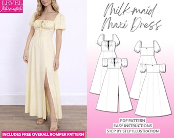 Molde de vestido longo Milkmaid: XS-XXXL (download em PDF) Molde de macacão bônus