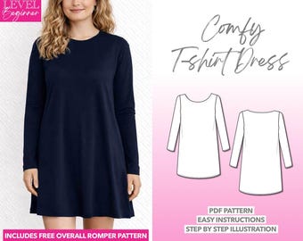Tee Shirt Dress Pattern Long Sleeve Dress for Beginner Dress Pattern Sew Easy Dress Shirtdress Elongated T-Shirt Oversized Women Shirt PDF