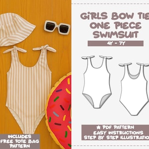 Girls Bow Tie Swimsuit Sewing Pattern: One Piece Swimwear (PDF Pattern 4Y-7Y)