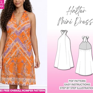Wrap Neck Dress Sewing Pattern Mini Shift Dress Halter Dress Beginner Mini Wrap Dress Pattern Resort Wear Women Vacation Dress Floral Dress
