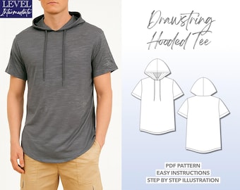 Modello di cucito per t-shirt, modello di maglietta con cappuccio e coulisse, modello di cucito per uomo, modello di felpa con cappuccio in PDF, modello di cucito per top da uomo, modello di cucito per t-shirt