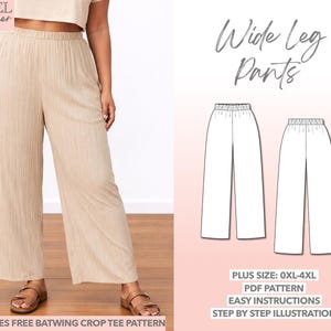 Naaipatroon voor dames met een maatje meer: ​​een beginnersvriendelijke broek met wijde pijpen (PDF-patroon). Eenvoudig naaipatroon voor een broek met elastische tailleband.